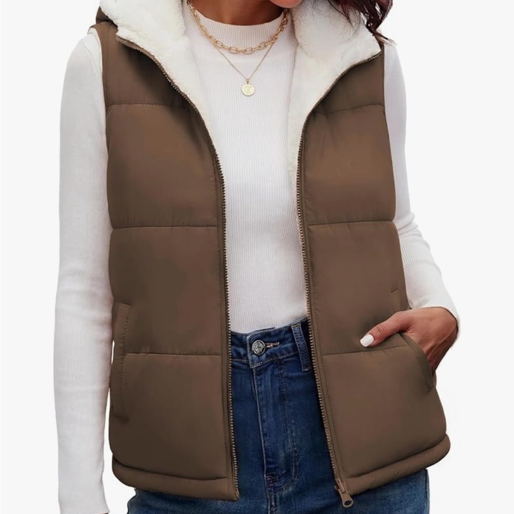 Quilted Sherpa-Lined Puffer Vest reversible brown and white sherpa